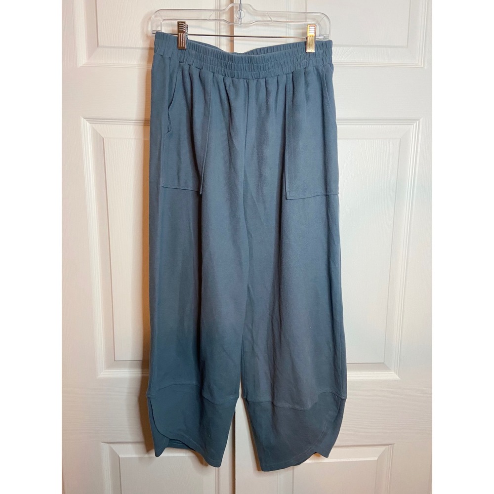 Womens Blue Textured Knit Wide Leg Cropped Pants Elastic Waist Tulip Hem Medium